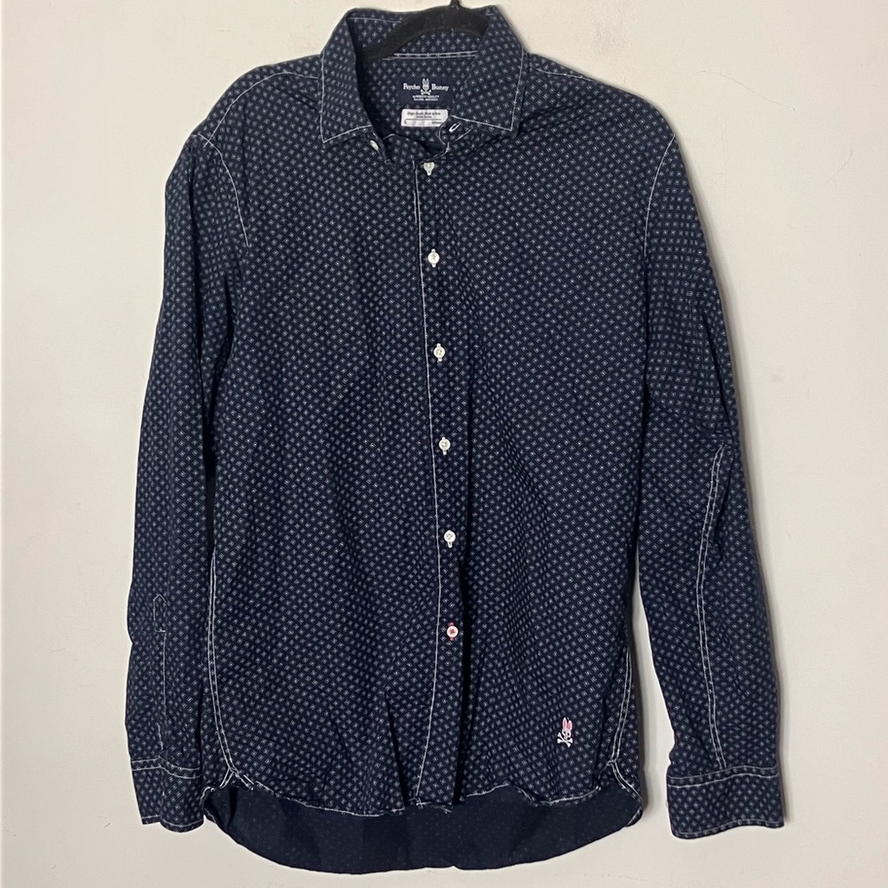 Psycho Bunny Button Down‎ Shirt Large Blue Diamond Print Logo 100% Cotton
